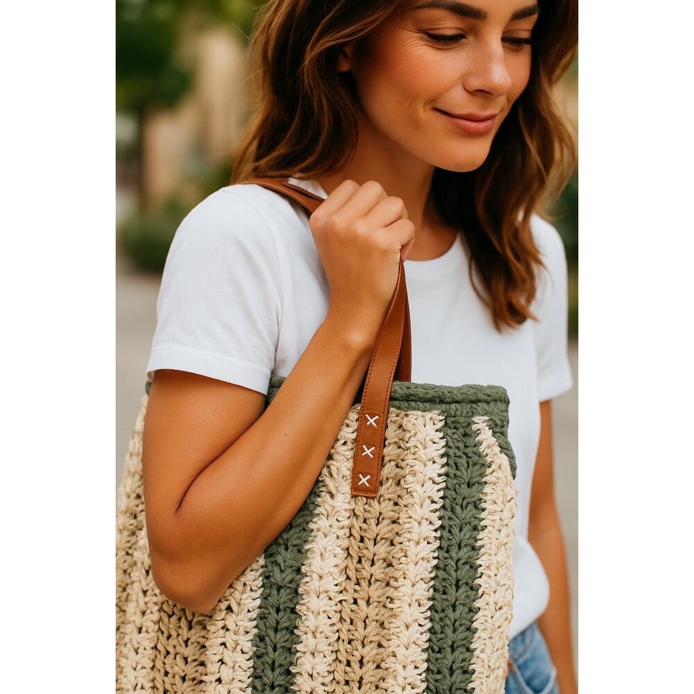 Green Boho Striped Woven‎ Tote -Handmade, Chic, Beach Bag,